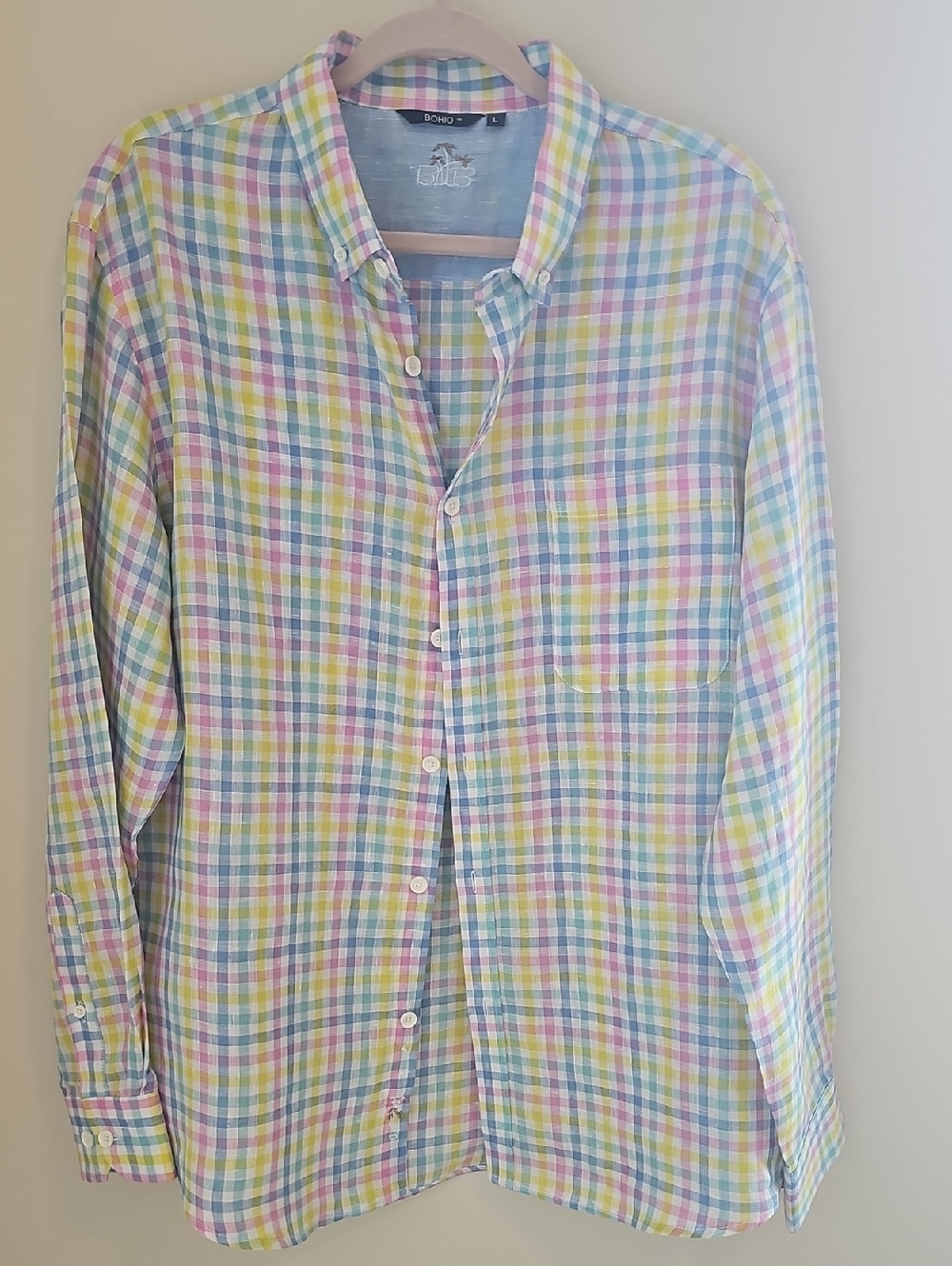 Bohio Multi‎ Pastel Gingham Button Down Mens Size L Multicolor Linen Blend Beach